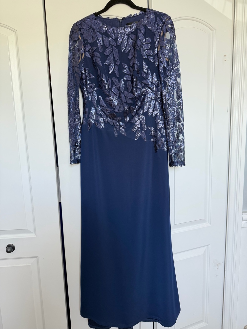 Tadashi Shoji Navy Long Sleeve Sequin Leaf Gown
